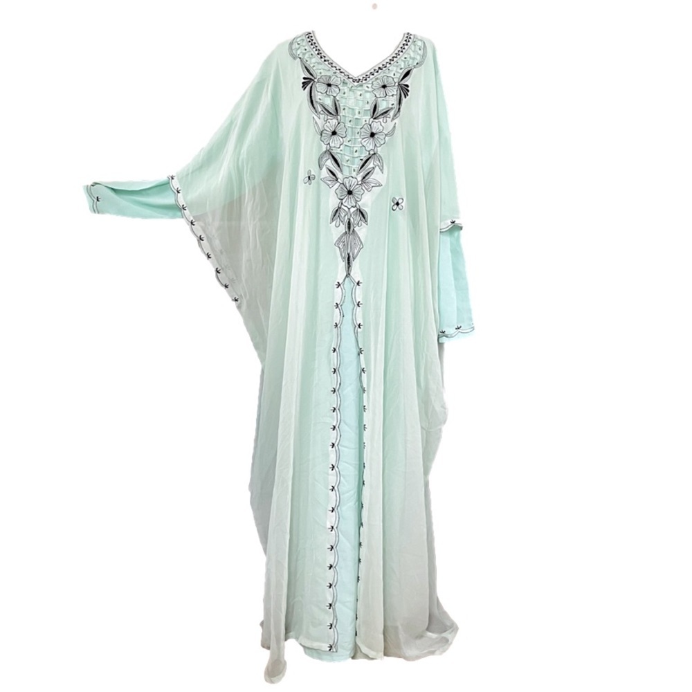 MINT Green Long Sleeve Handmade Embroidered Caftan Maxi Dress with Beading OS